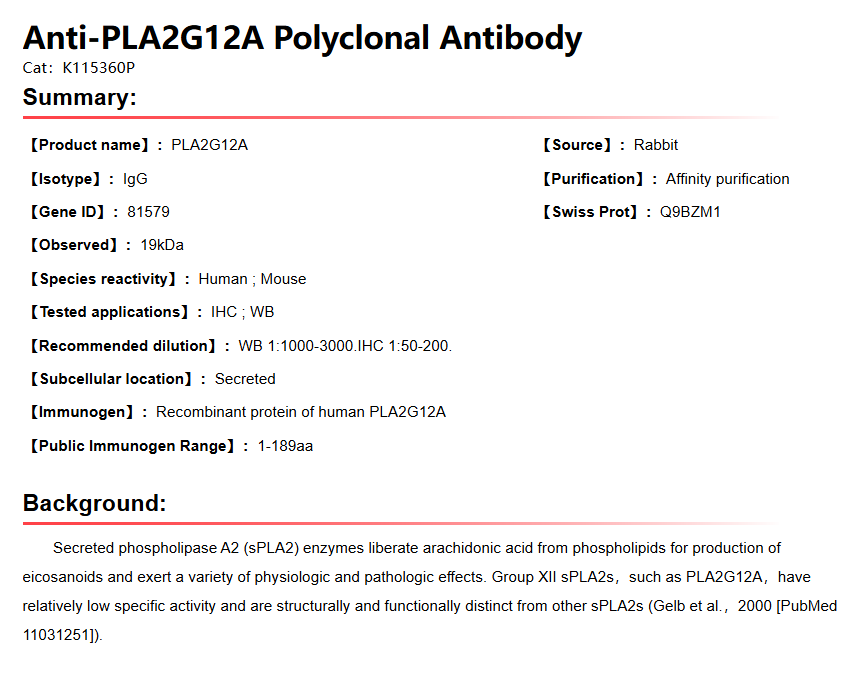 K115360P Anti-PLA2G12A Polyclo