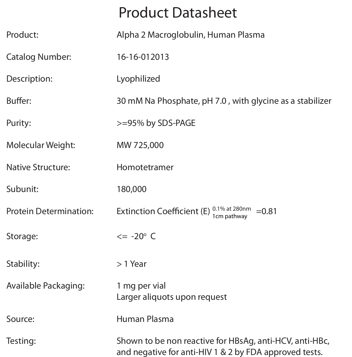 α2-巨球蛋白(a2M) 人血浆