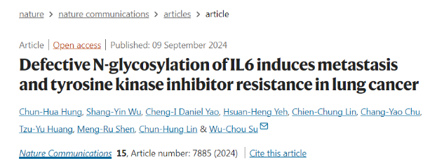 image.png 国立成功大学团队揭示糖基化缺陷的IL-6调控肺癌进展及耐药的新机制