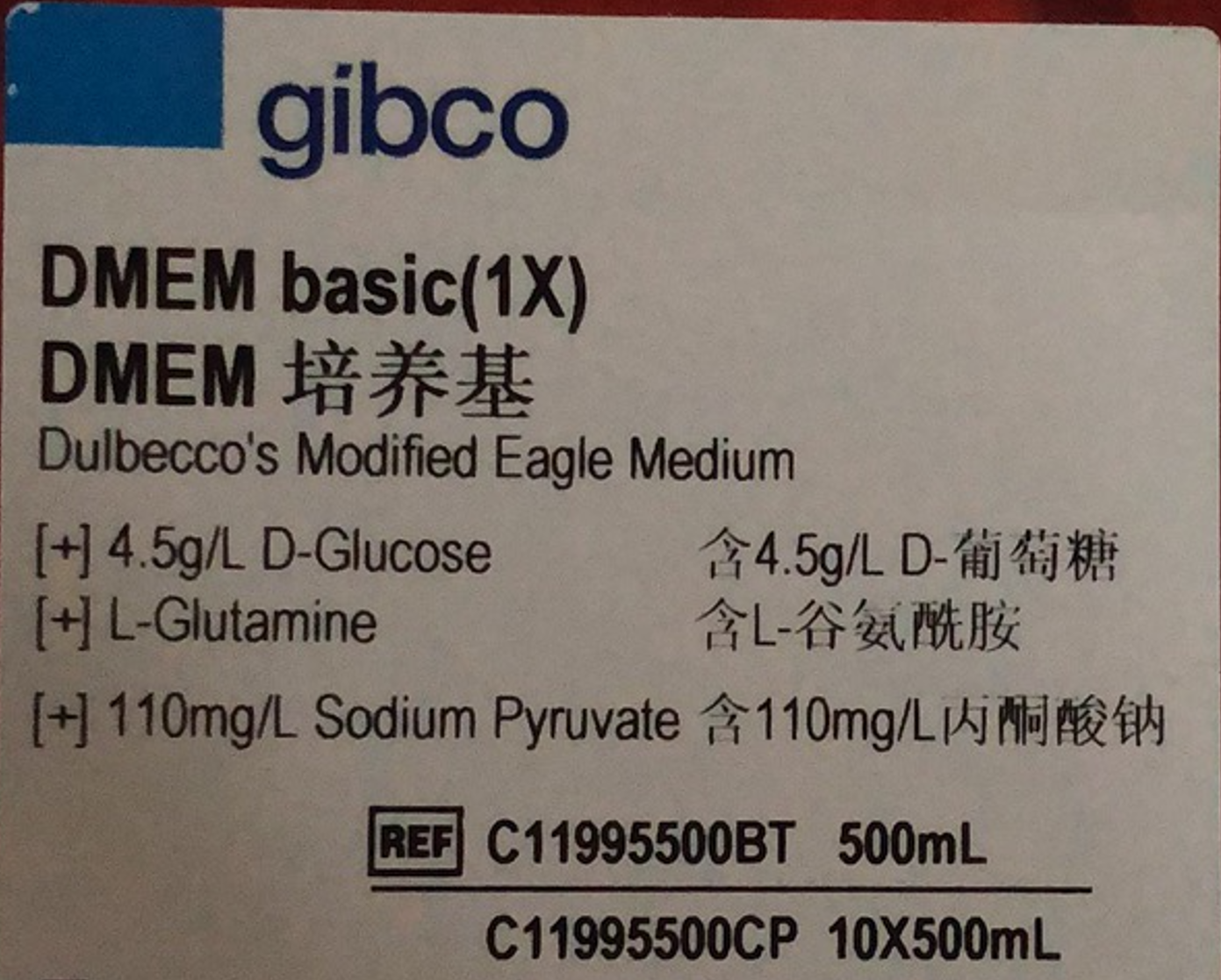 Gibco货号C11995500BT高糖DMEM培养基[含丙