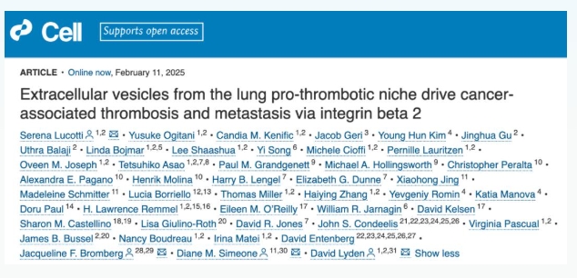 Cell：肺间质巨噬细胞分泌小细胞外囊泡（sEV）促进癌症相关血栓形成和转移