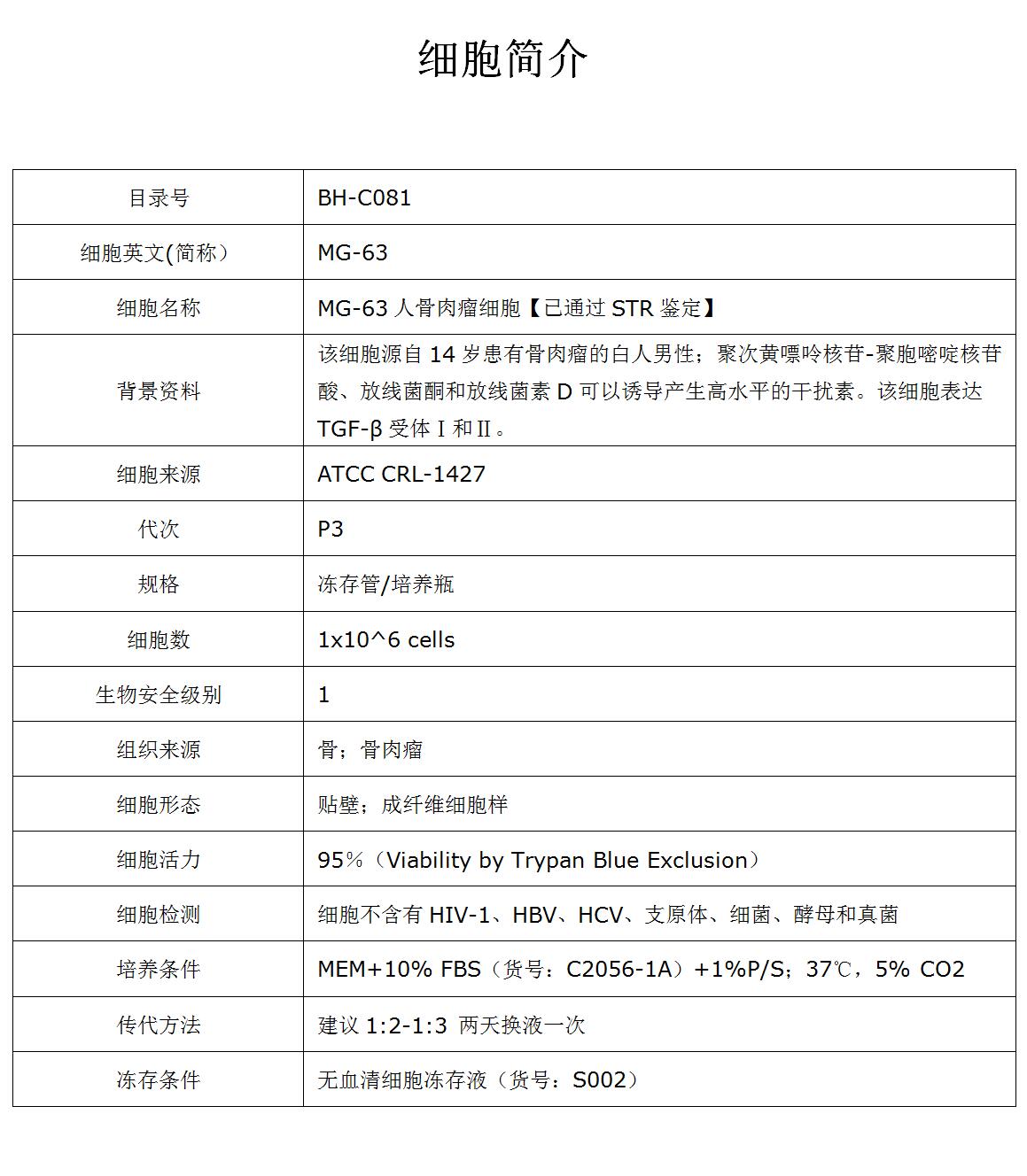 MG-63细胞价格、货期
