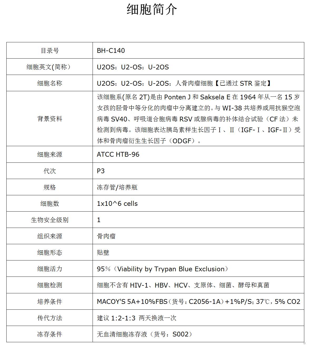 U2OS细胞价格、货期