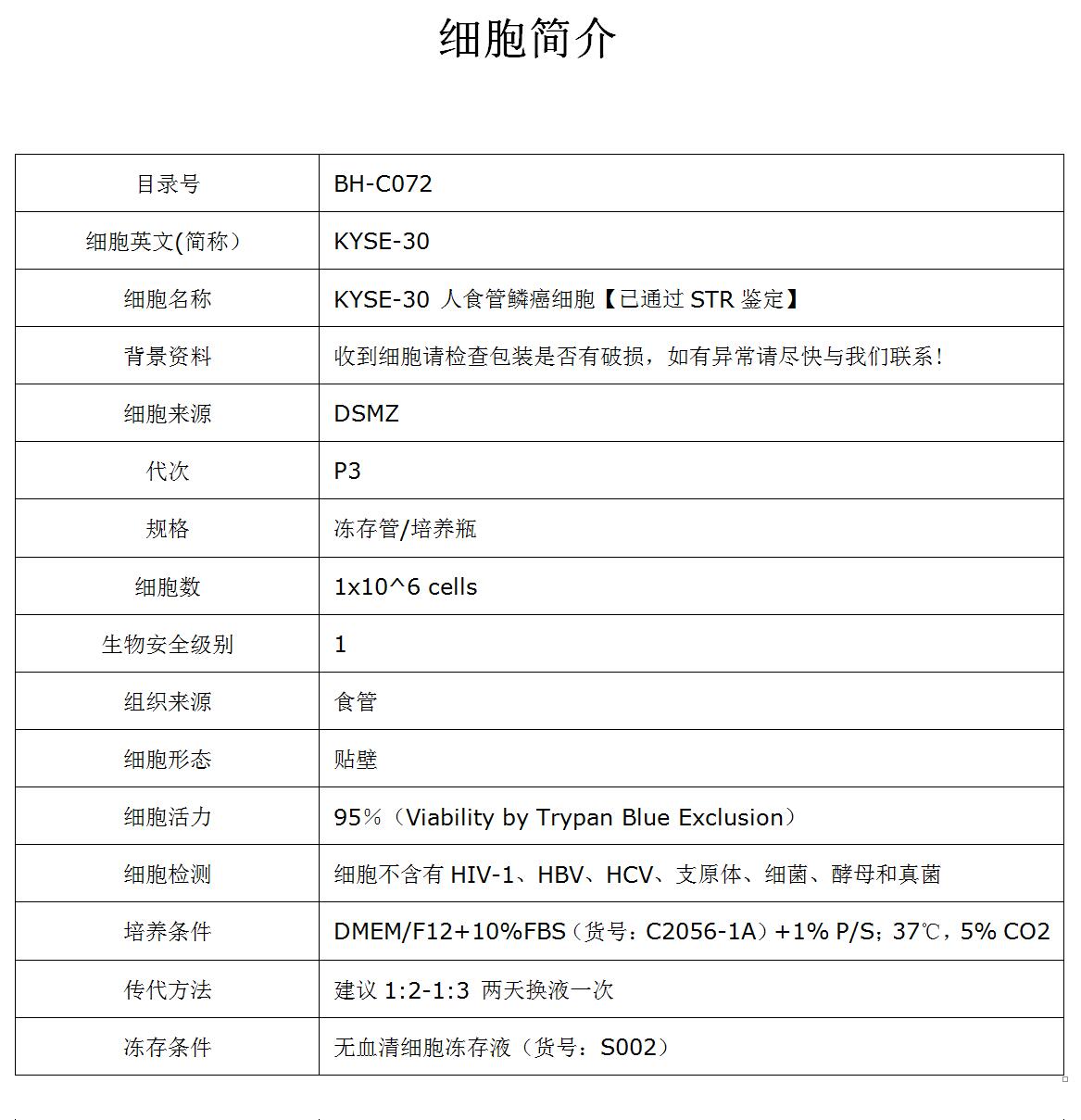 kyse-30细胞价格、货期