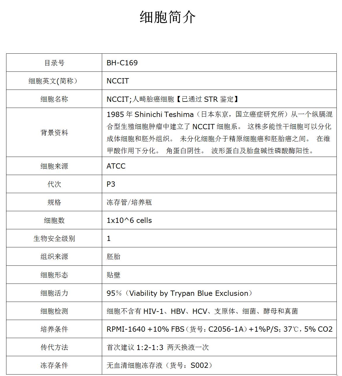 NCCIT细胞价格、货期