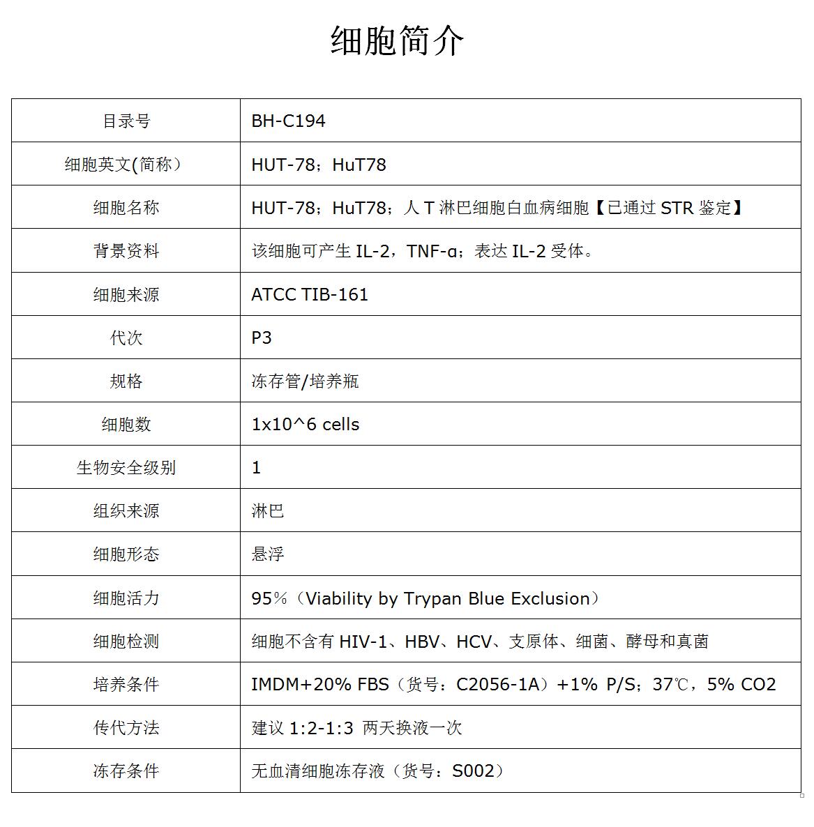 HUT-78细胞价格、货期