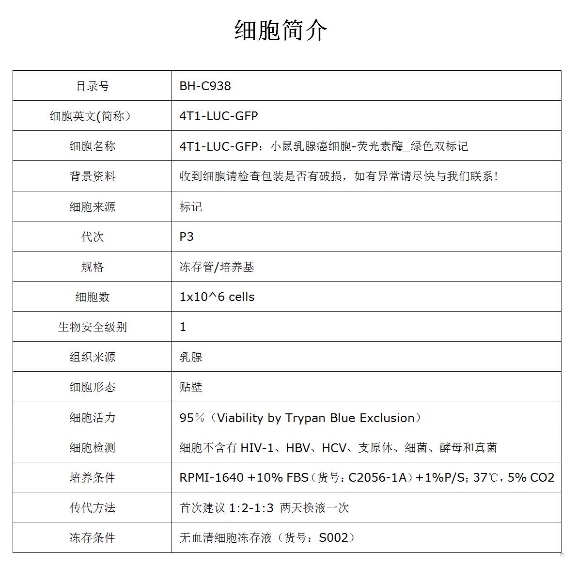 4T1-LUC-GFP细胞价格、货期