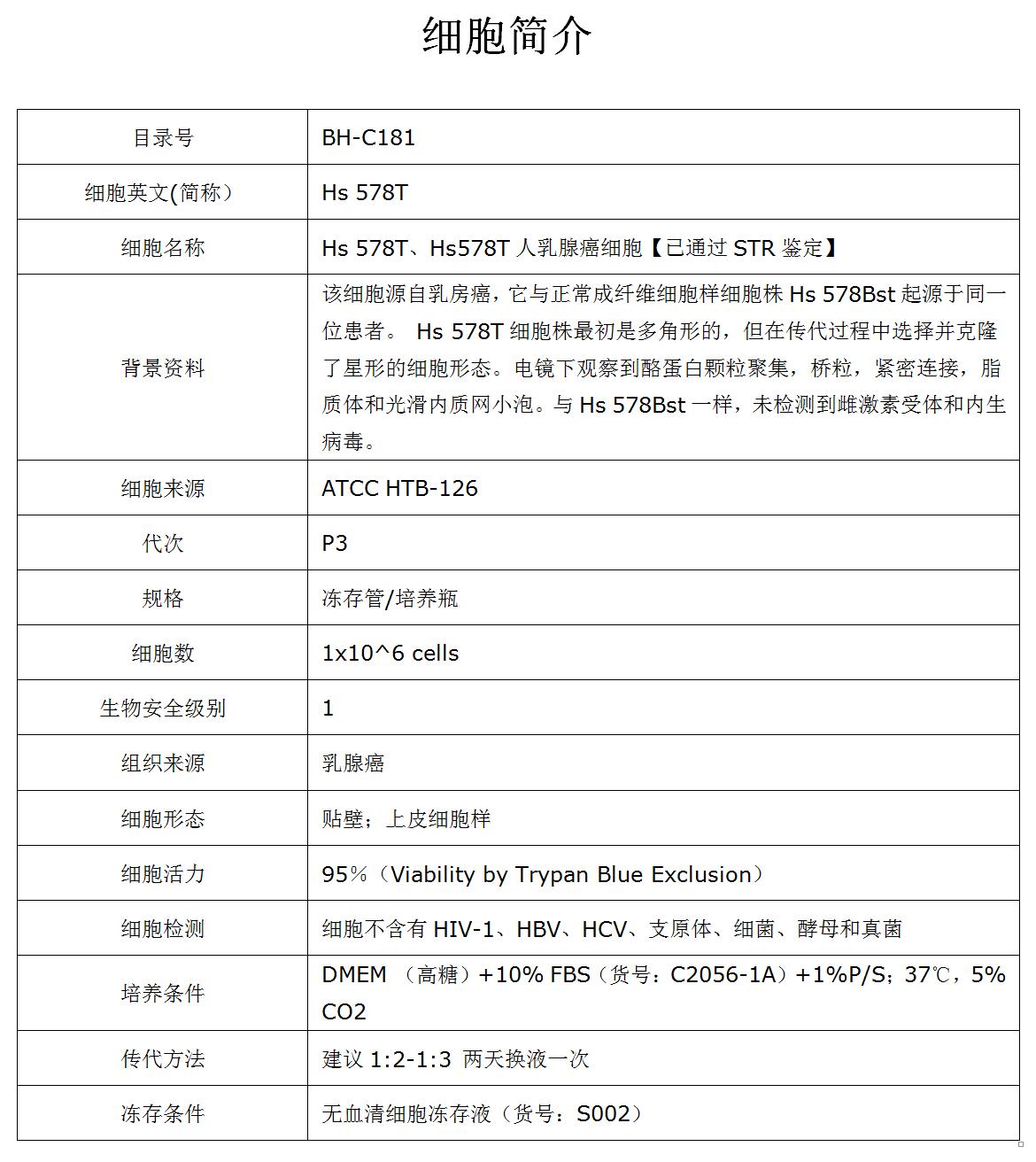 Hs578T细胞价格、货期