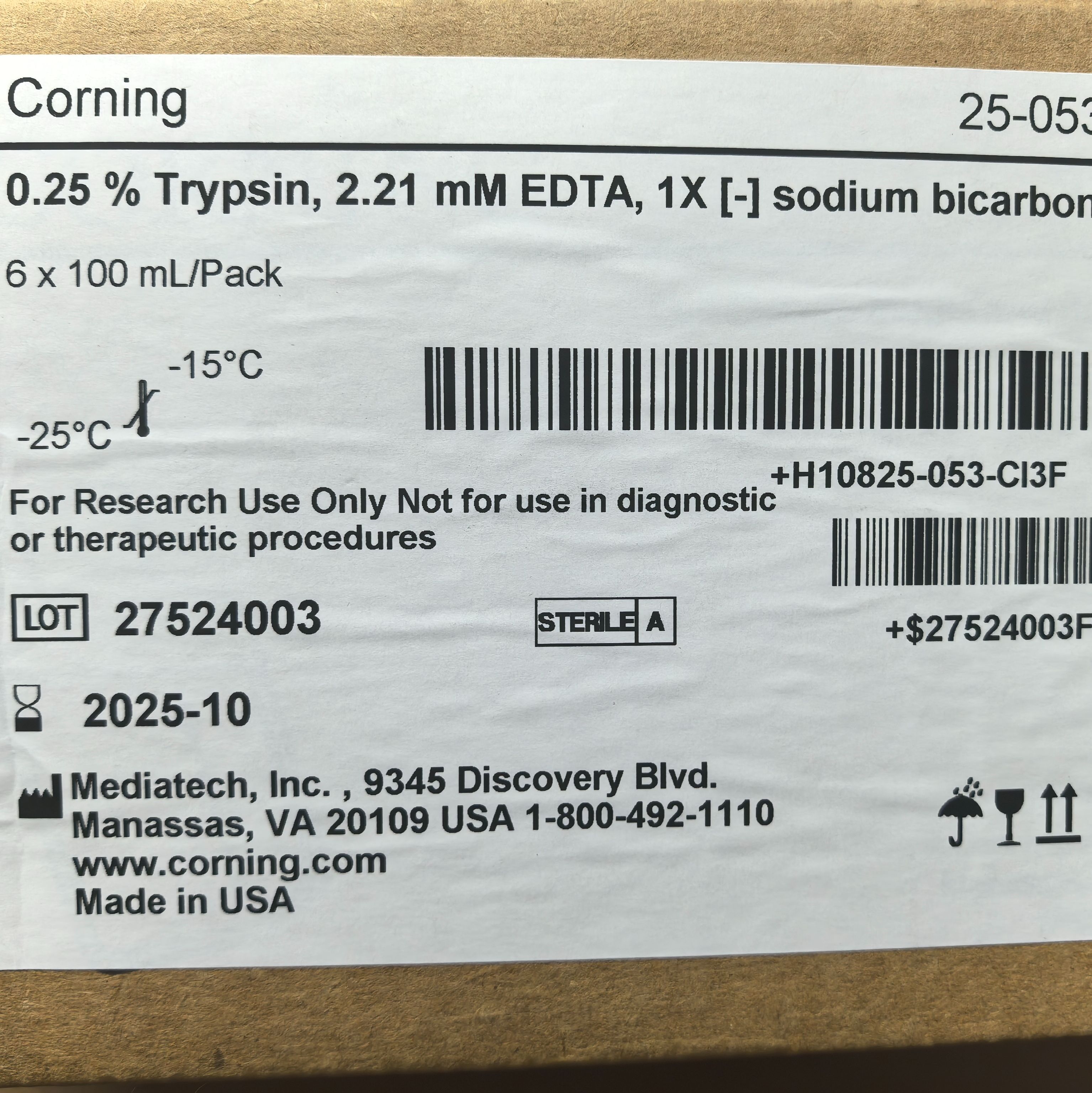 Corning货号25-053-CI胰蛋白酶(0.25% Trypsin EDTA)1╳上海睿安生物13611631389