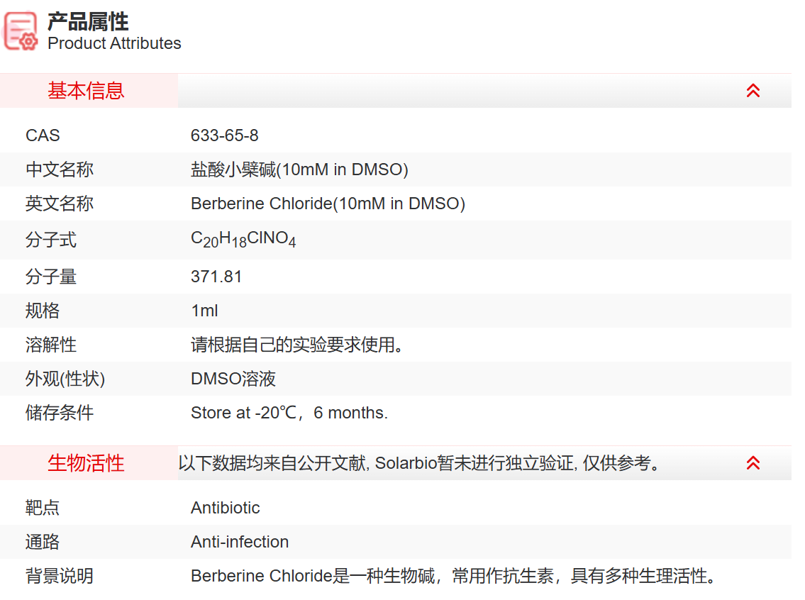 IB01209 盐酸小檗碱(10mM in DMSO) 抗感