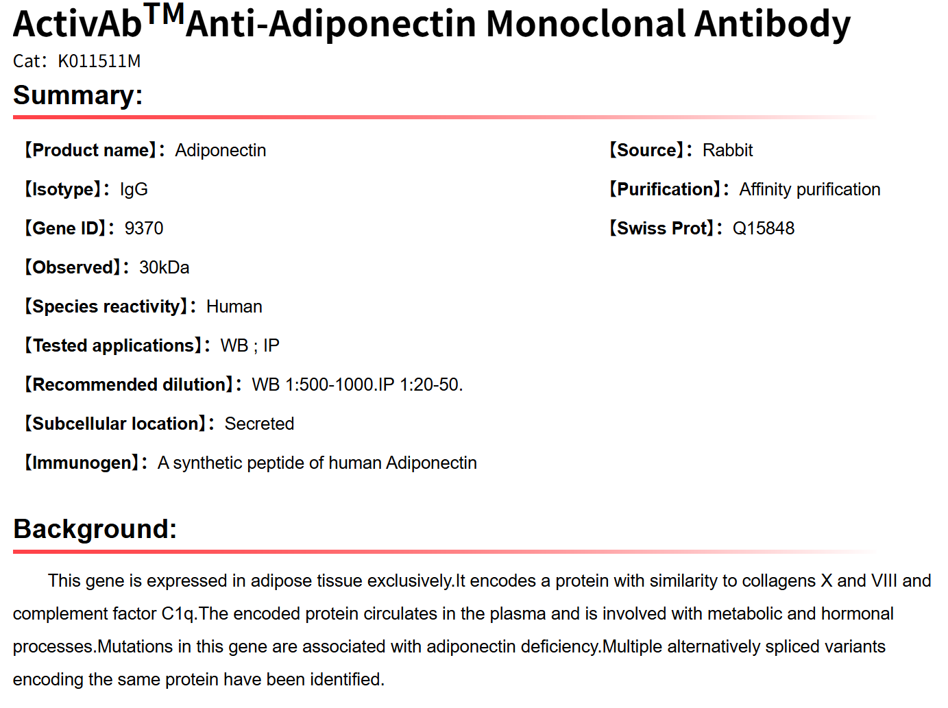 K011511M Anti-Adiponectin Mono