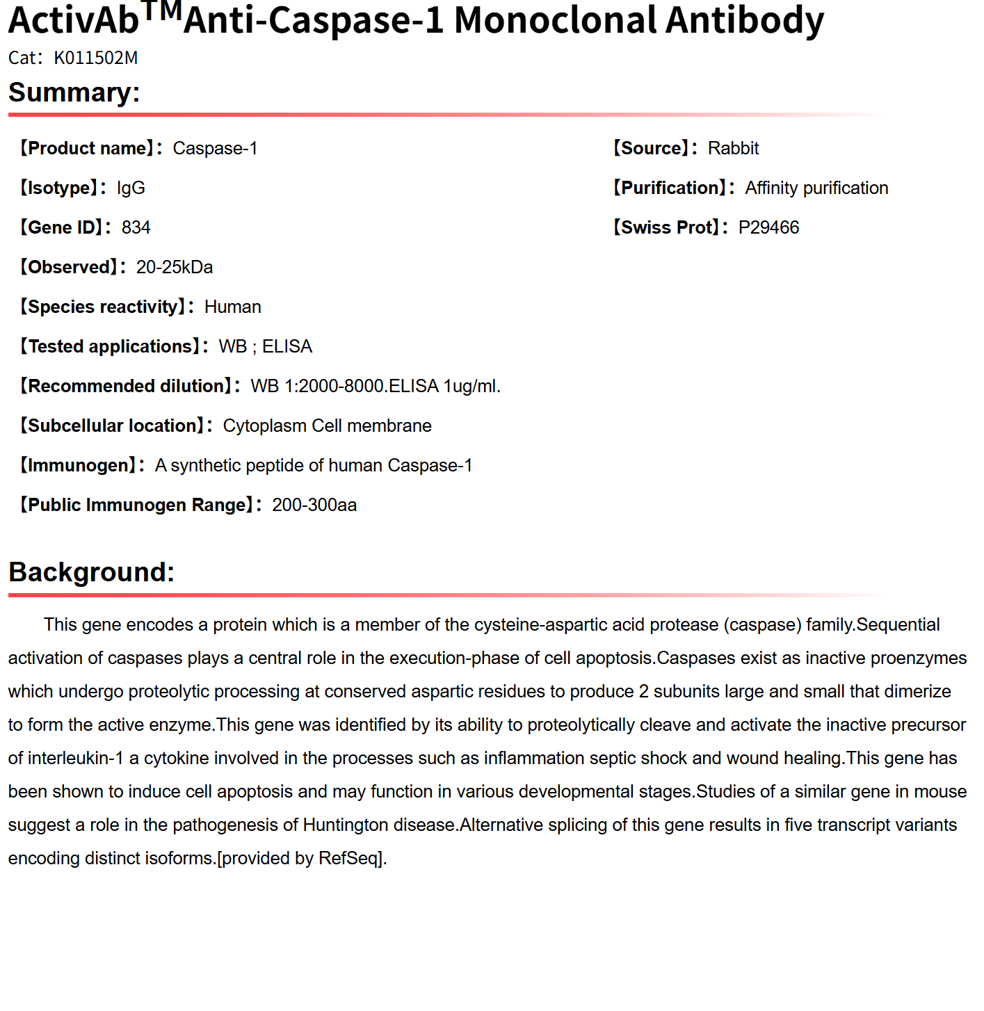 K011502M Anti-Caspase-1 Monocl