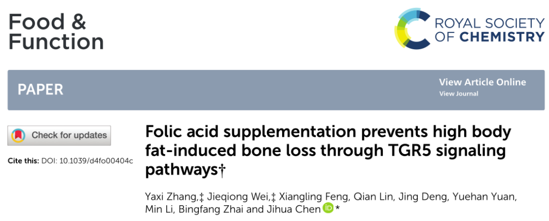 Food Funct. | 中南大学湘雅公共卫生学院陈继华团队解锁叶酸抗骨质流失新密码