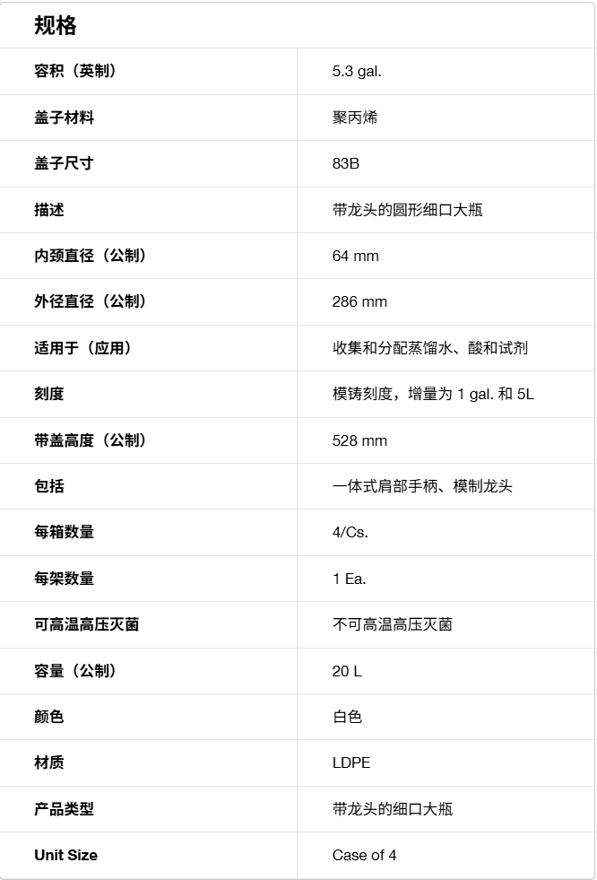 Nalgene货号8318-0050放大水桶(带放水口)20