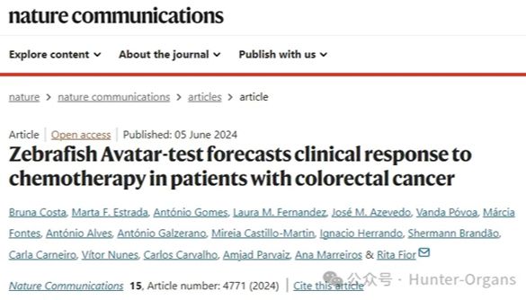 Nature Communications：斑马鱼异种移植模型预测结直肠癌患者对化疗的临床反应