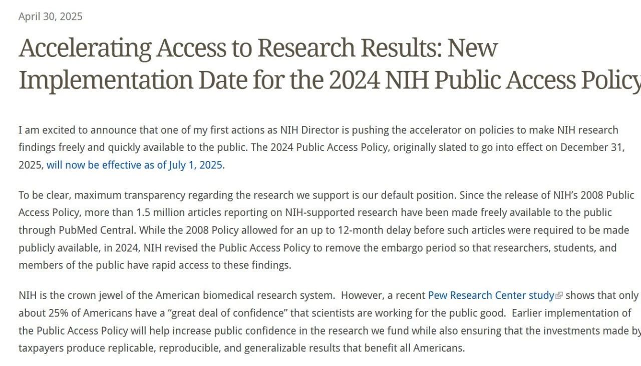 重磅！NIH 宣布“文章发表后立即免费公开”新政策提前至 7 月 1 日实施