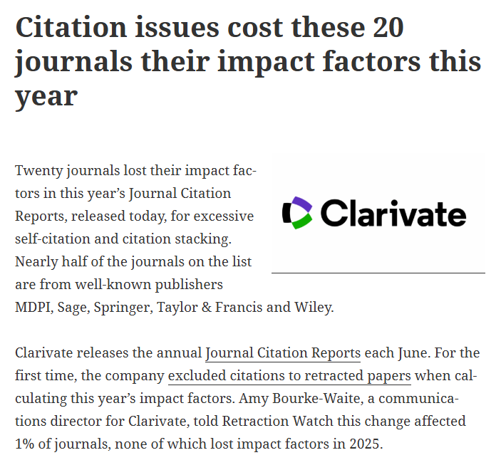 投稿时要注意了！这20本期刊被取消影响因子