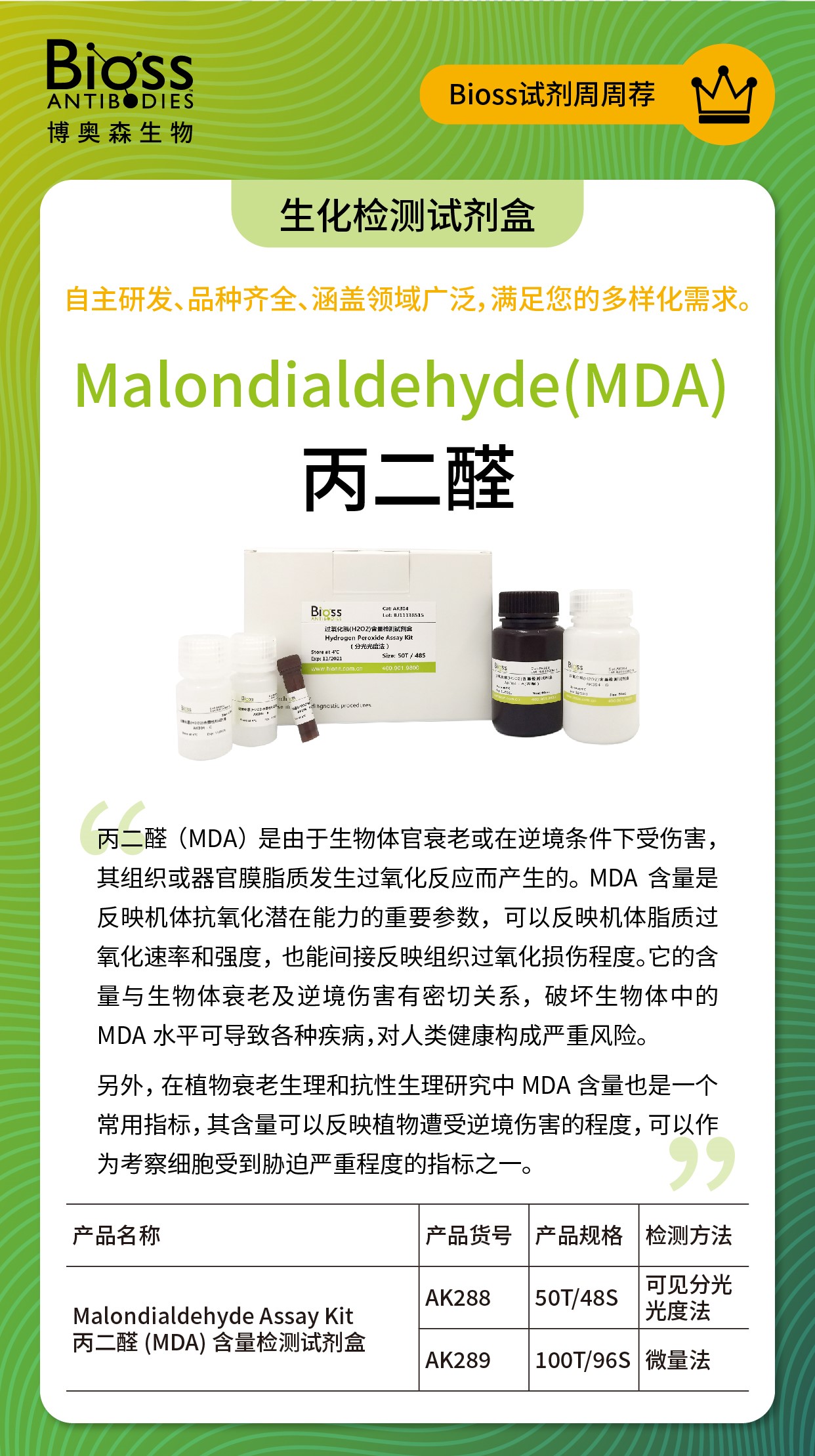 Bioss 试剂周周荐 | MDA 含量检测试剂盒