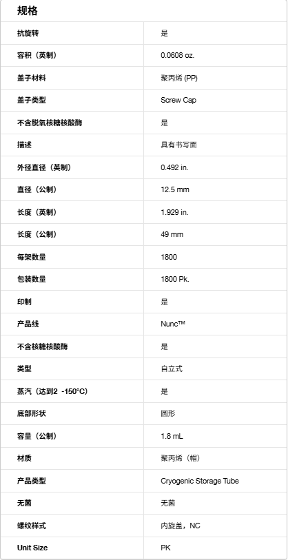 Nunc货号377267冻存管(内旋盖)聚丙烯(已灭菌)具有