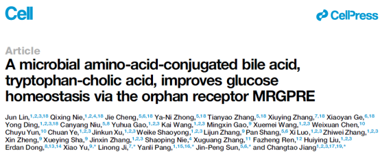 Cell：北大/山大团队发现新型菌源胆汁酸通过激活孤儿受体调控葡萄糖代谢
