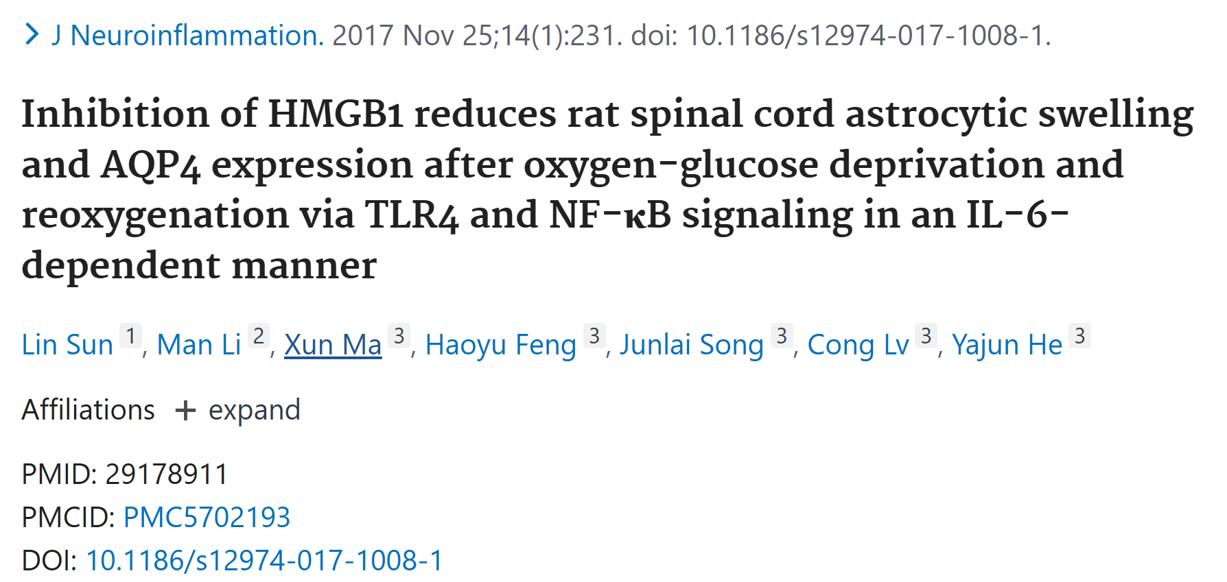 文献解析|HMGB1抑制对氧糖剥夺/复氧后大鼠脊髓星形胶质细胞肿胀及AQP4表达的影响：基于TLR4/NF-κB信号通路及IL-6依赖性的解析
