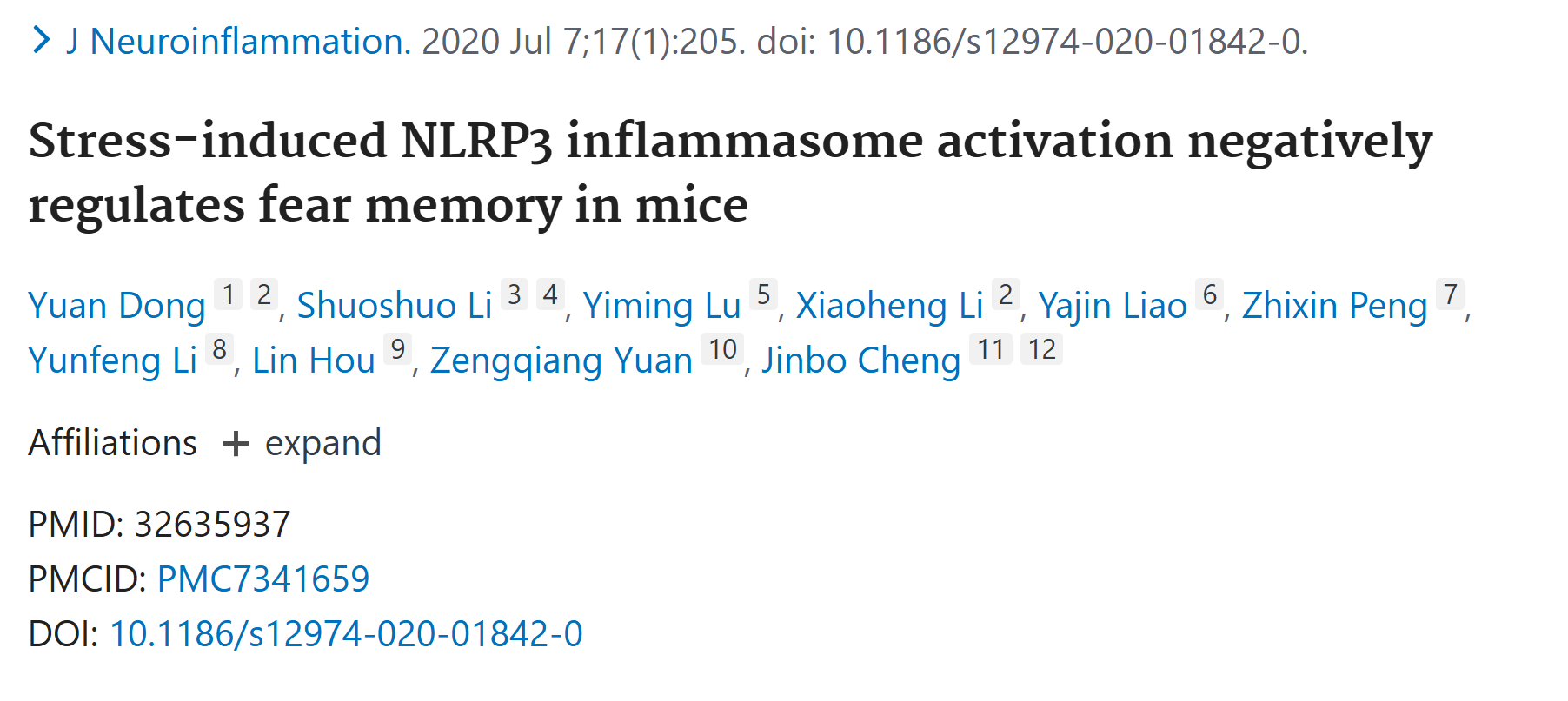 文献解析|应激诱导的NLRP3炎症小体激活对小鼠恐惧记忆的负向调节作用