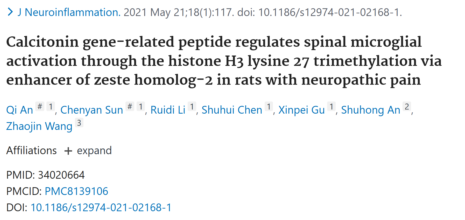 文献解析|降钙素基因相关肽通过增强子同源物2介导的组蛋白H3赖氨酸27三甲基化调控脊髓小胶质细胞激活在神经病理性疼痛大鼠中的作用机制