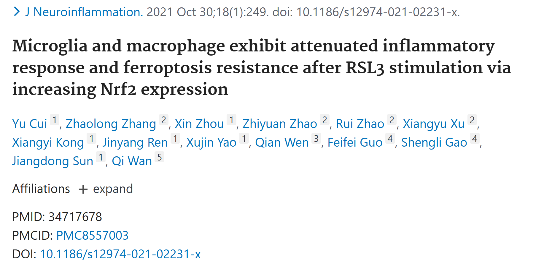 文献解析|RSL3刺激下小胶质细胞和巨噬细胞炎症反应减弱及铁死亡抵抗性增强的机制