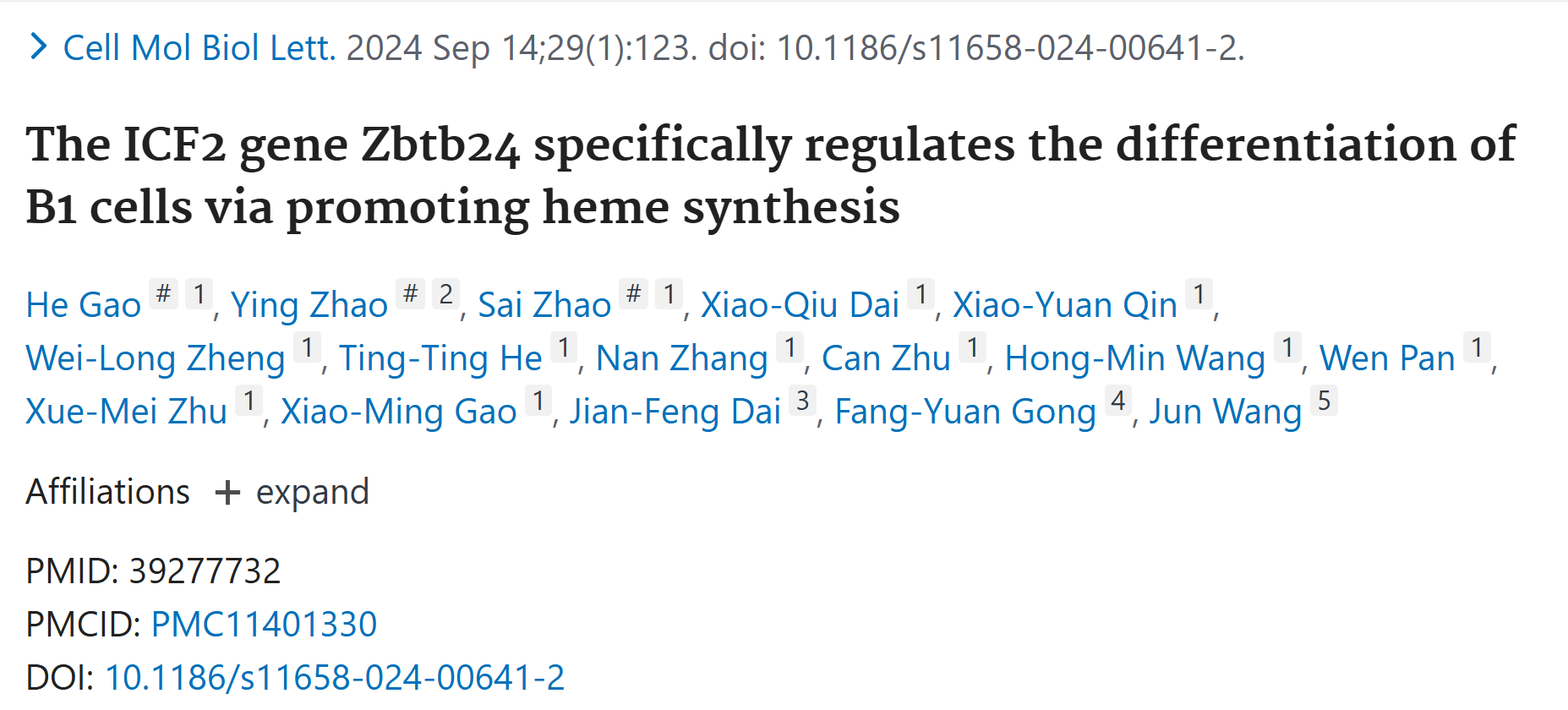 文献解析|Zbtb24基因通过促进血红素合成特异性调控B1细胞分化的深入解析