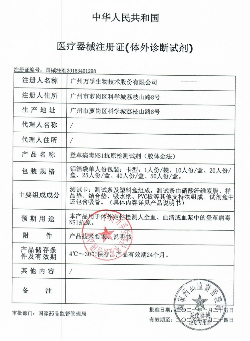 万孚 登革病毒NS1抗原检测试剂（胶体金法）