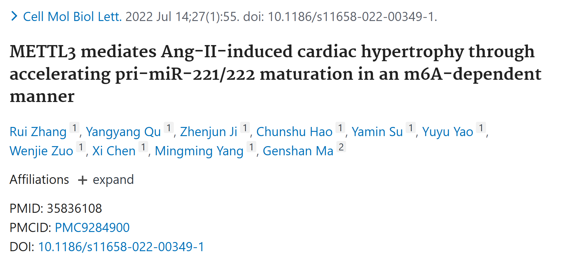文献解析|METTL3通过加速m6A依赖的pri-miR-221/222成熟介导Ang-II诱导的心肌肥厚解析