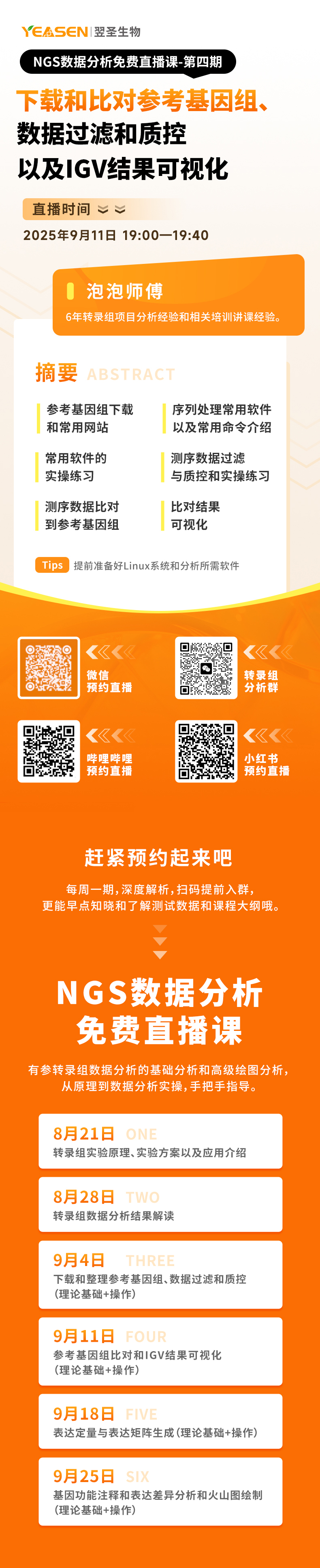直播预告 | 满满干货！NGS生信分析免费直播课（第四期）预约中！