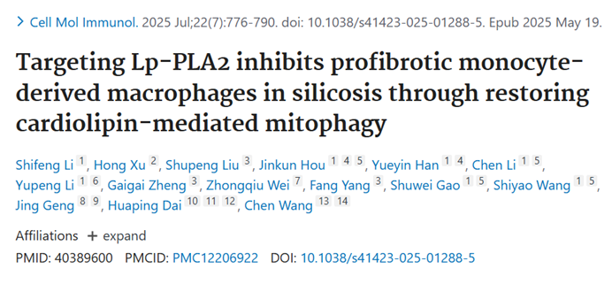 IF= 21.8丨矽肺中Lp-PLA2-ALCAT1-CL通路介导MoMacs分化为促纤维化表型的新机制