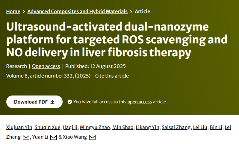 Advanced Composites and Hybrid Materials：超声激活双纳米酶平台用于肝纤维化治疗中靶向ROS清除和NO递送