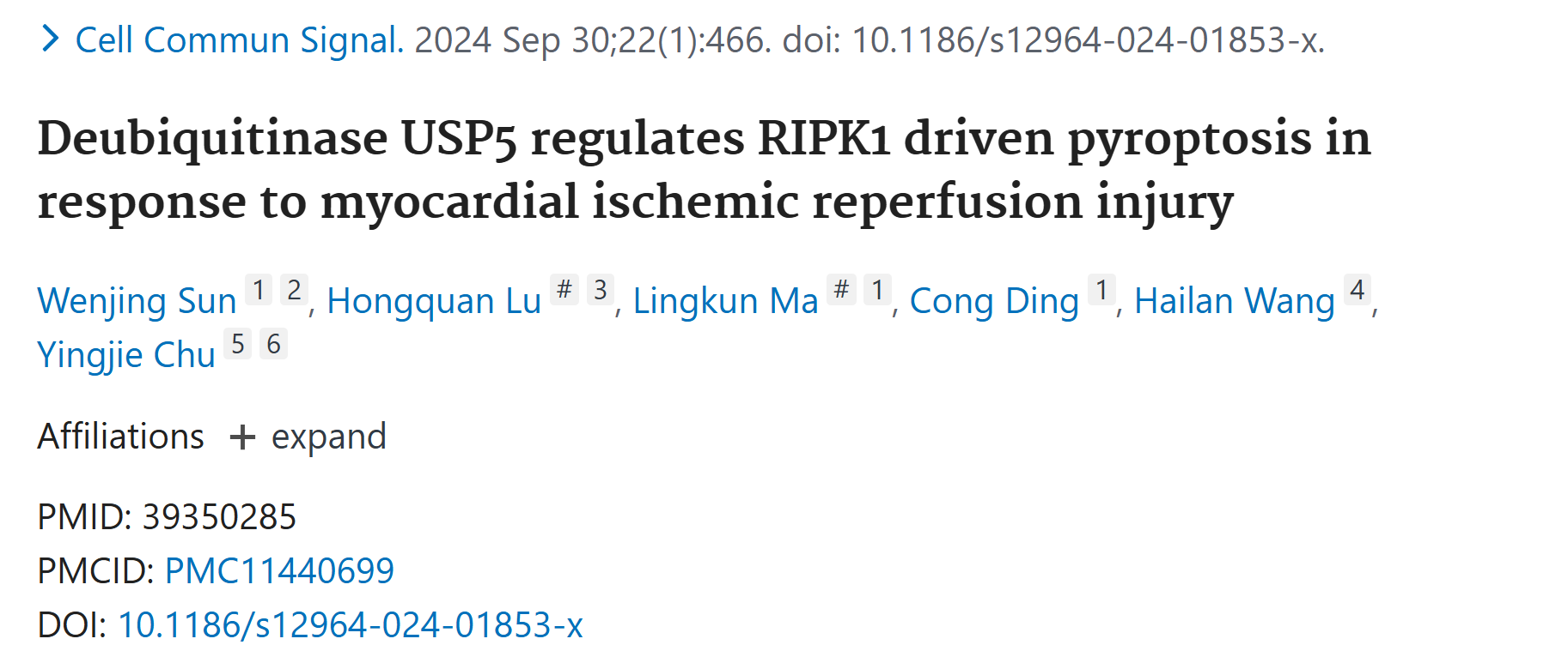 文献解析|去泛素化酶USP5调控RIPK1介导的细胞焦亡在心肌缺血再灌注损伤中的作用解析