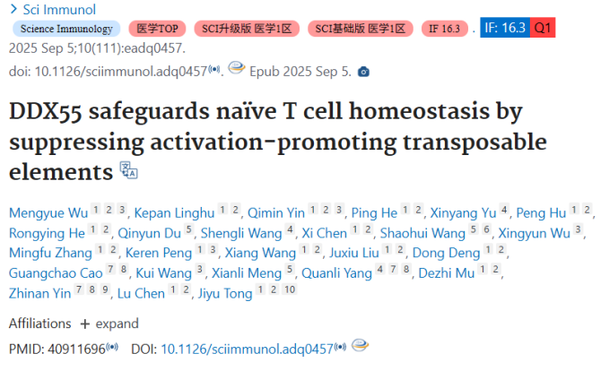 Sci Immunol封面文章｜基因编辑小鼠告诉你Ddx55如何维护幼稚T细胞稳态