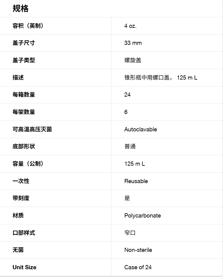 Nalgene货号4108-0125带螺旋盖的锥形瓶125m
