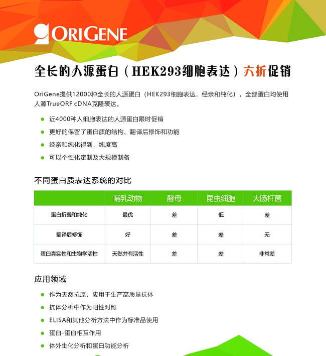 OriGene 3700种亲和纯化的HEK293表达全长人源蛋白，一律6折！ 