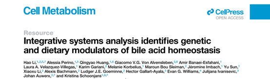 Cell Metabolism | 综合系统分析锁定胆汁酸稳态的遗传和饮食调节因子