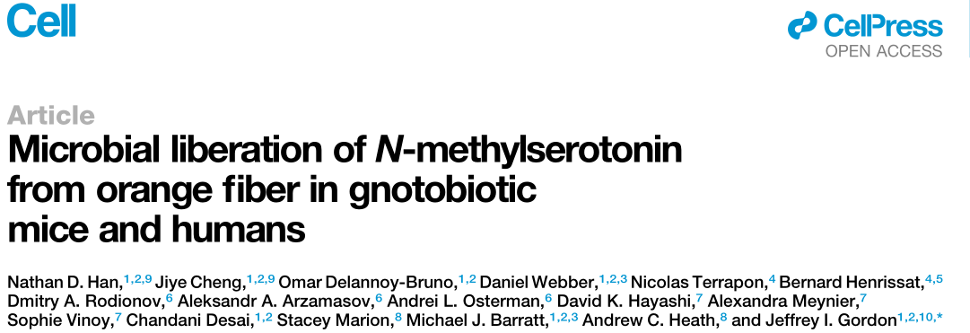 Cell | 废料中的宝藏！肠道菌群将橙皮纤维转化为活性代谢物N-甲基-5-羟色胺！