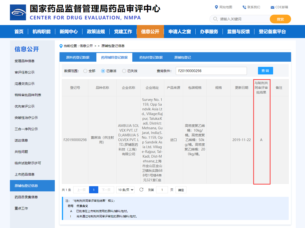 【罗辅喜讯】--我司产品精制蓖麻油（供注射用）CDE登记号已激活为A！