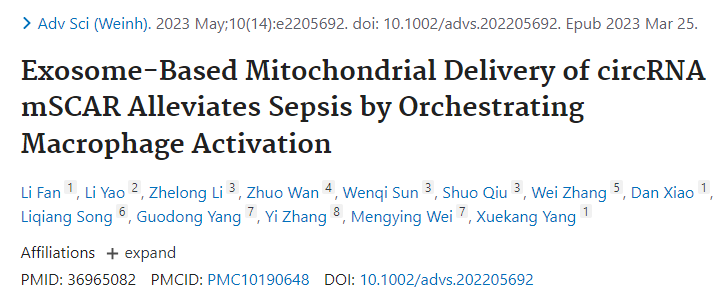 【Adv Sci】15+，基于外泌体的线粒体递送circRNA mSCAR通过协调巨噬细胞激活减轻脓毒症