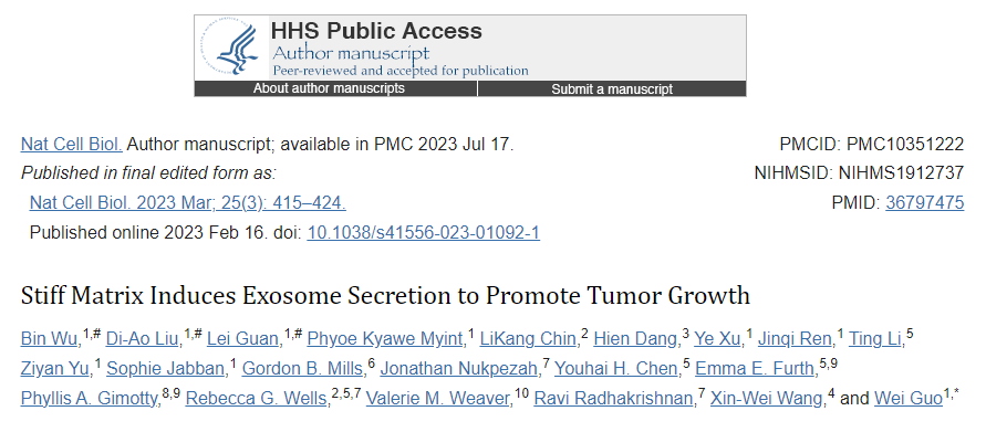 【Nat Cell Biol】21+ 硬性基质诱导外泌体分泌促进肿瘤生长
