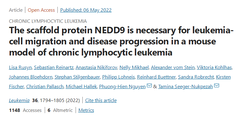 Leukemia文章揭示NEDD9在淋巴细胞白血病中的作用