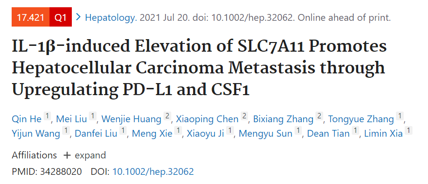 IL-1β提高SLC7A11通过促进PD-L1和CSF1加速肝细胞癌转移