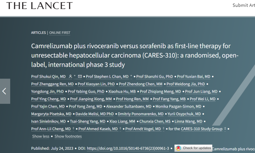 Lancet | PD-1和VEGFR2口服TKI联合治疗一线不可切除肝细胞癌，III期临床延长PFS和OS