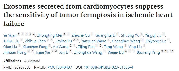心肌细胞外泌体抑制肿瘤铁死亡敏感性，IF=38,高分文章，值得收藏！