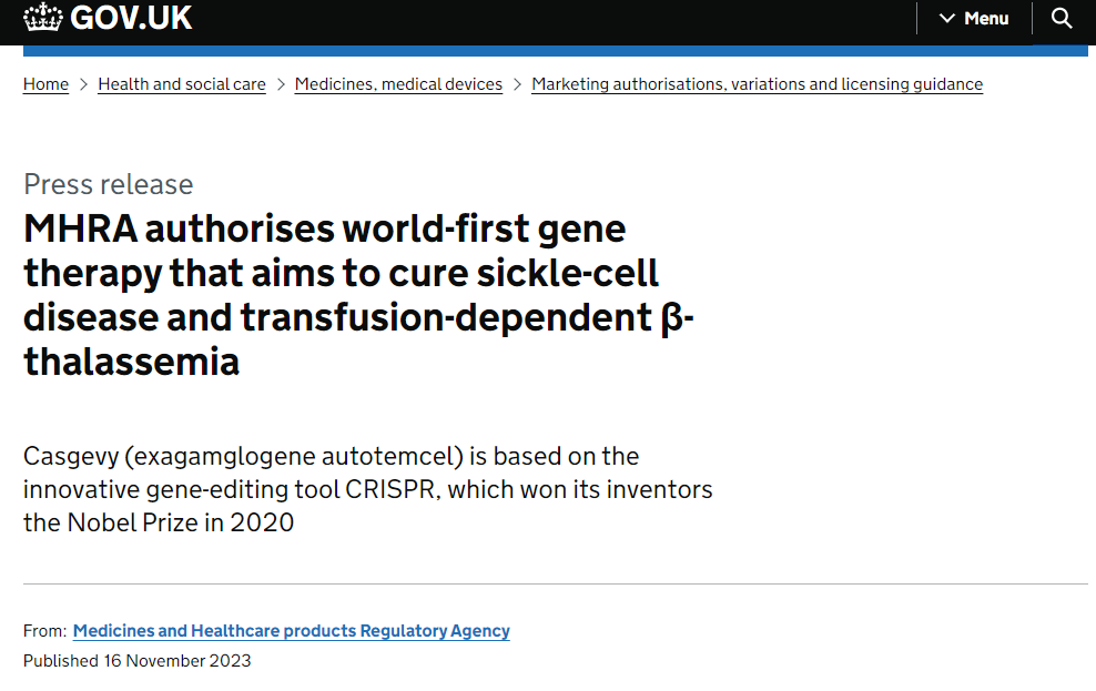 全球应用CRISPR基因编辑疗法获批！