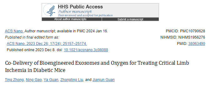 【ACS Nano】17+，生物工程外泌体与氧气联合输送治疗糖尿病小鼠重度肢体缺血