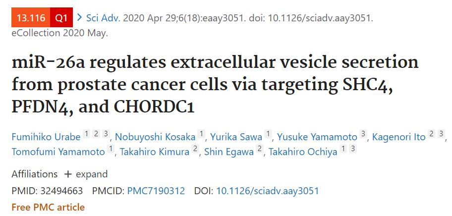 miR26a靶向SHC4、PFDN4、CHORDC1调节前列腺癌细胞分泌细胞外囊泡